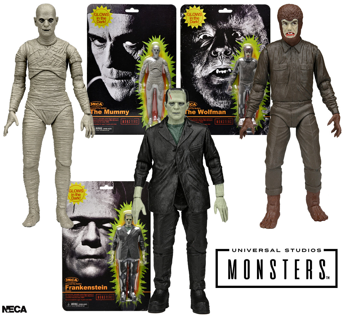 Universal Monsters Retro Glow-In-The-Dark 7" Action Figures (Set of 3)